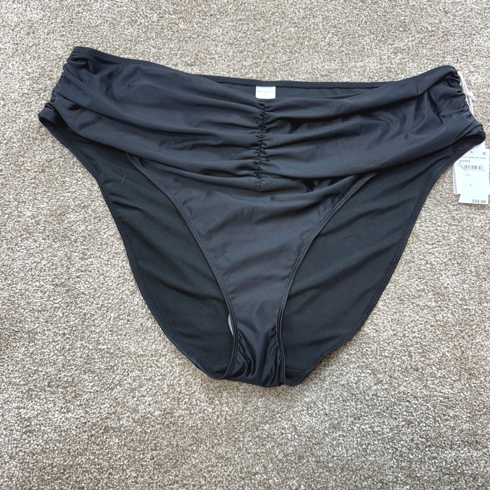 Good American Always Fits Ruched Bikini Bottom Black High Waist 8 Swim NEW